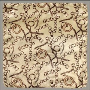 Vintage Style Chain Print Square Scarf Beige and Brown Elegant Satin Neckerchief